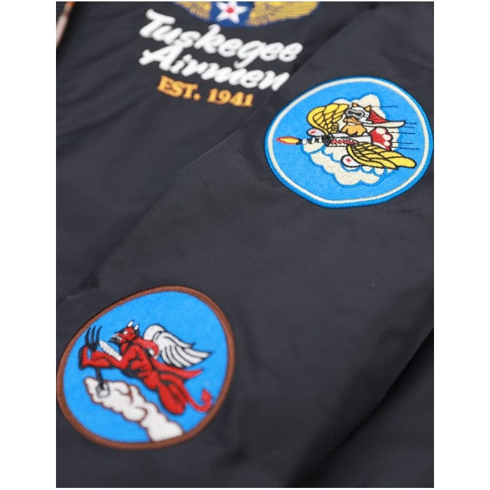 13 of 22: Tuskegee Airmen Squadron Patch Embroidered Bomber Jacket (Black, Detail, Front, Sleeve)