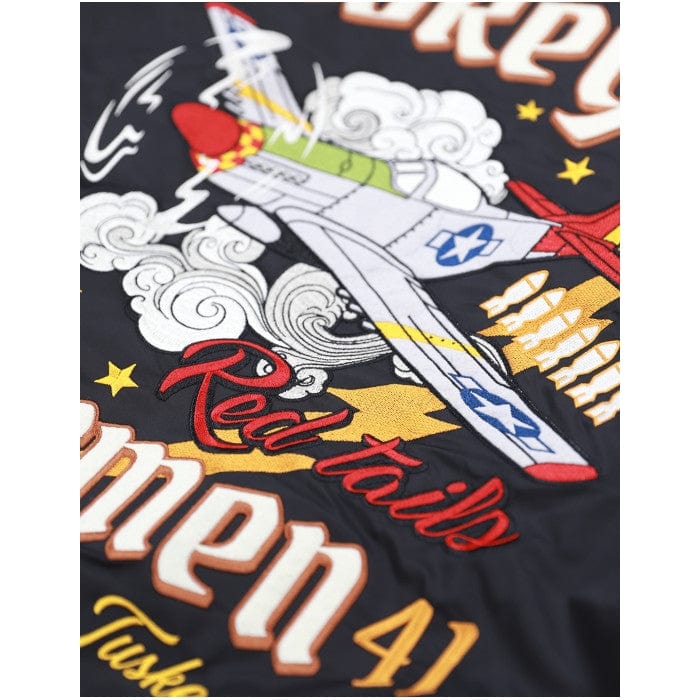 15 of 22: Tuskegee Airmen Squadron Patch Embroidered Bomber Jacket (Black, Detail, Rear)
