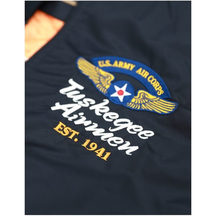 11 of 22: Tuskegee Airmen Squadron Patch Embroidered Bomber Jacket (Black, Detail, Front, Left Breast)