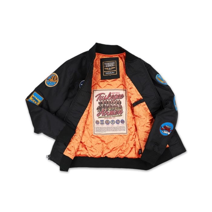 9 of 22: Tuskegee Airmen Squadron Patch Embroidered Bomber Jacket (Black, Interior)