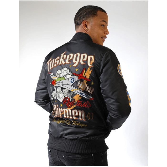 6 of 22: Tuskegee Airmen Squadron Patch Embroidered Bomber Jacket (Black, Lifestyle, Rear)