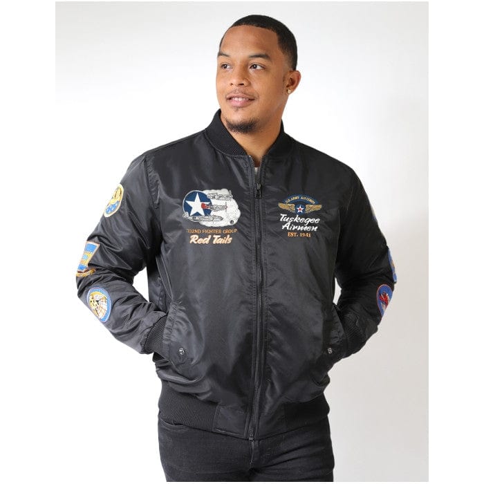5 of 22: Tuskegee Airmen Squadron Patch Embroidered Bomber Jacket (Black, Lifestyle, Front)