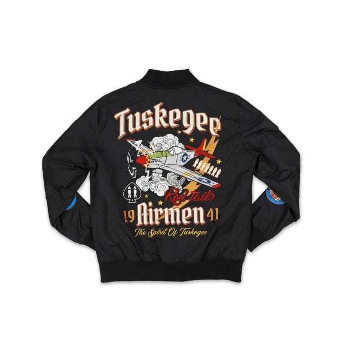 3 of 22: Tuskegee Airmen Squadron Patch Embroidered Bomber Jacket (Black, Rear)
