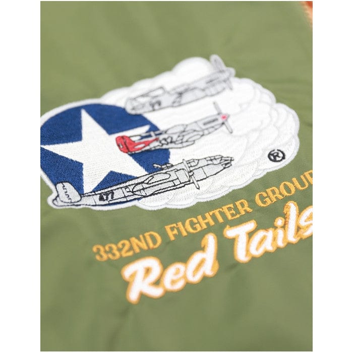 17 of 22: Tuskegee Airmen Squadron Patch Embroidered Bomber Jacket (Black, Detail, Front, Right Breast)