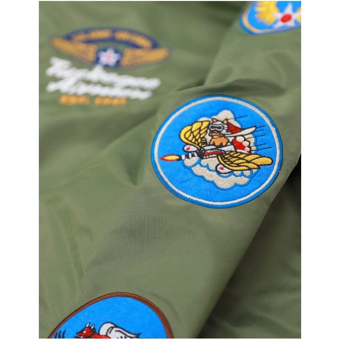 18 of 22: Tuskegee Airmen Squadron Patch Embroidered Bomber Jacket (Army Green, Detail, Sleeve)