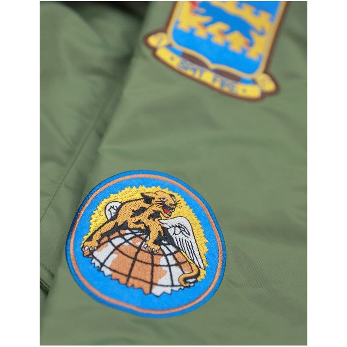 19 of 22: Tuskegee Airmen Squadron Patch Embroidered Bomber Jacket (Army Green, Detail, Sleeve)