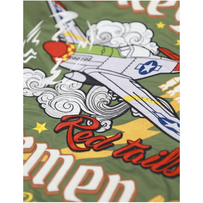 20 of 22: Tuskegee Airmen Squadron Patch Embroidered Bomber Jacket (Army Green, Detail, Rear)