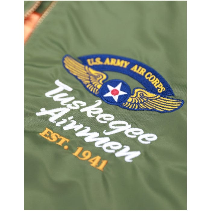 16 of 22: Tuskegee Airmen Squadron Patch Embroidered Bomber Jacket (Army Green, Detail, Front, Left Breast)
