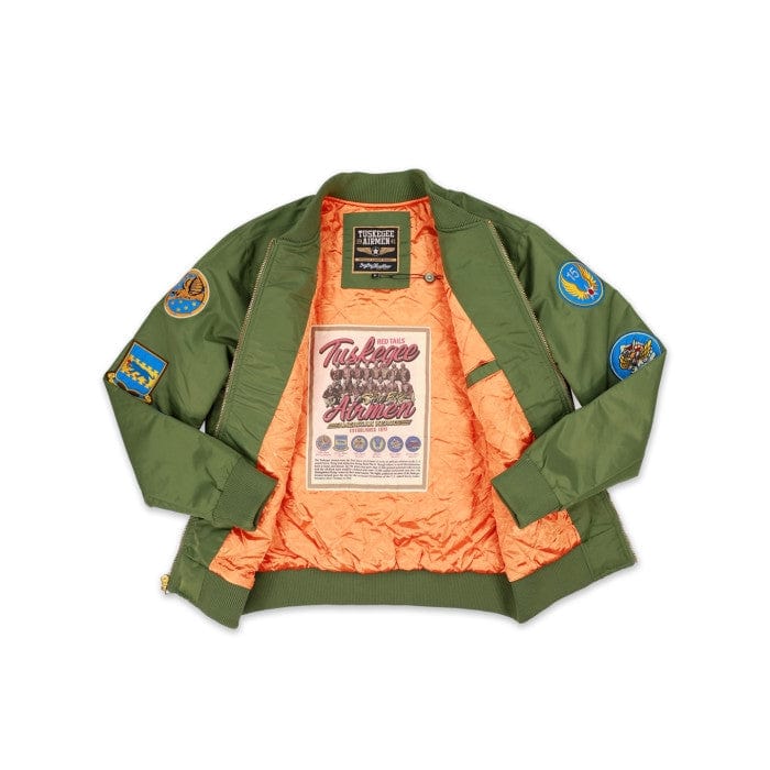 10 of 22: Tuskegee Airmen Squadron Patch Embroidered Bomber Jacket (Army Green, Interior)