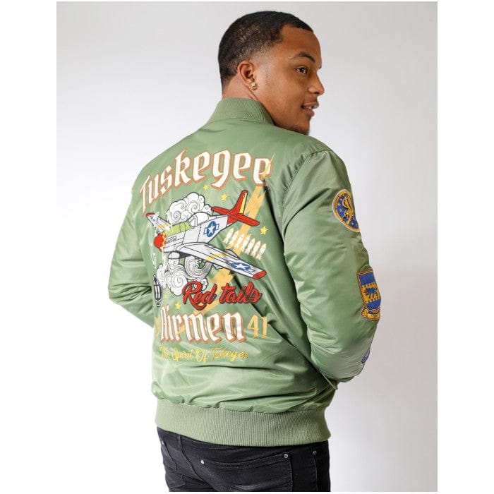 8 of 22: Tuskegee Airmen Squadron Patch Embroidered Bomber Jacket (Army Green, Lifestyle, Rear)