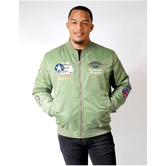 7 of 22: Tuskegee Airmen Squadron Patch Embroidered Bomber Jacket (Army Green, Lifestyle, Front)