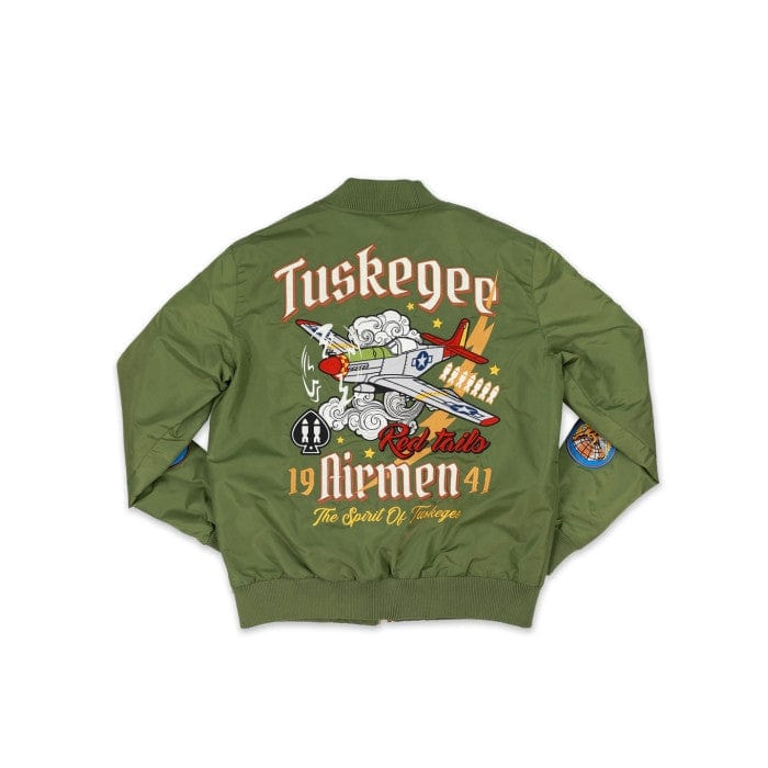 4 of 22: Tuskegee Airmen Squadron Patch Embroidered Bomber Jacket (Army Green, Rear)