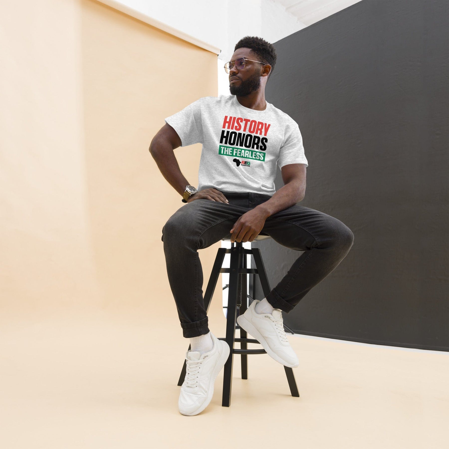 9 of 27: History Honors the Fearless Unisex Short Sleeve T-Shirt (Ash, Mock Up Image 4)