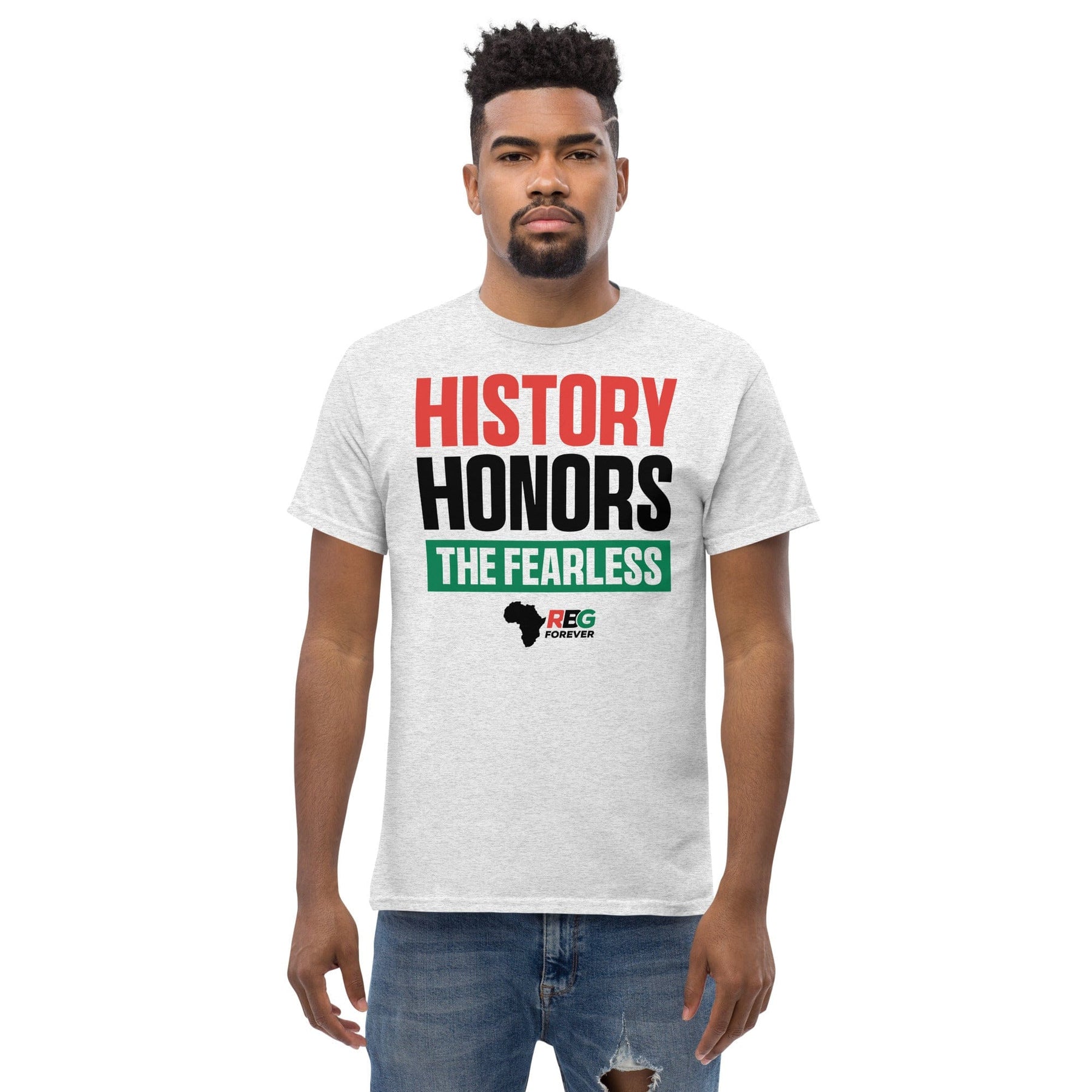 14 of 27: History Honors the Fearless Unisex Short Sleeve T-Shirt (Ash, Mock Up Image 9)