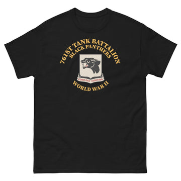 761st Tank Battalion Black Panthers t-shirt with unit emblem and WWII motto (flat mockup)