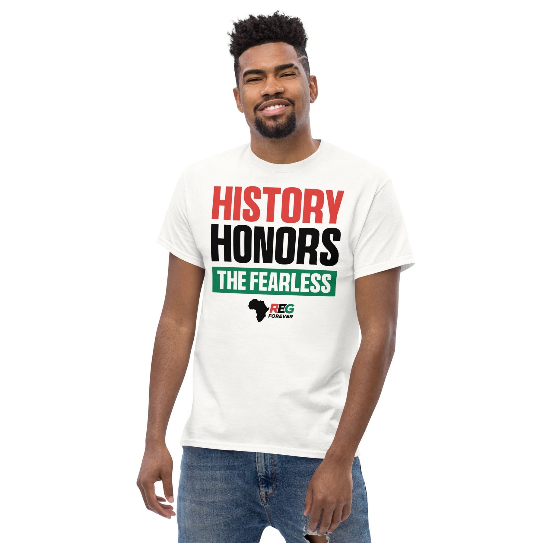 26 of 27: History Honors the Fearless Unisex Short Sleeve T-Shirt (White, Mock Up Image 10)