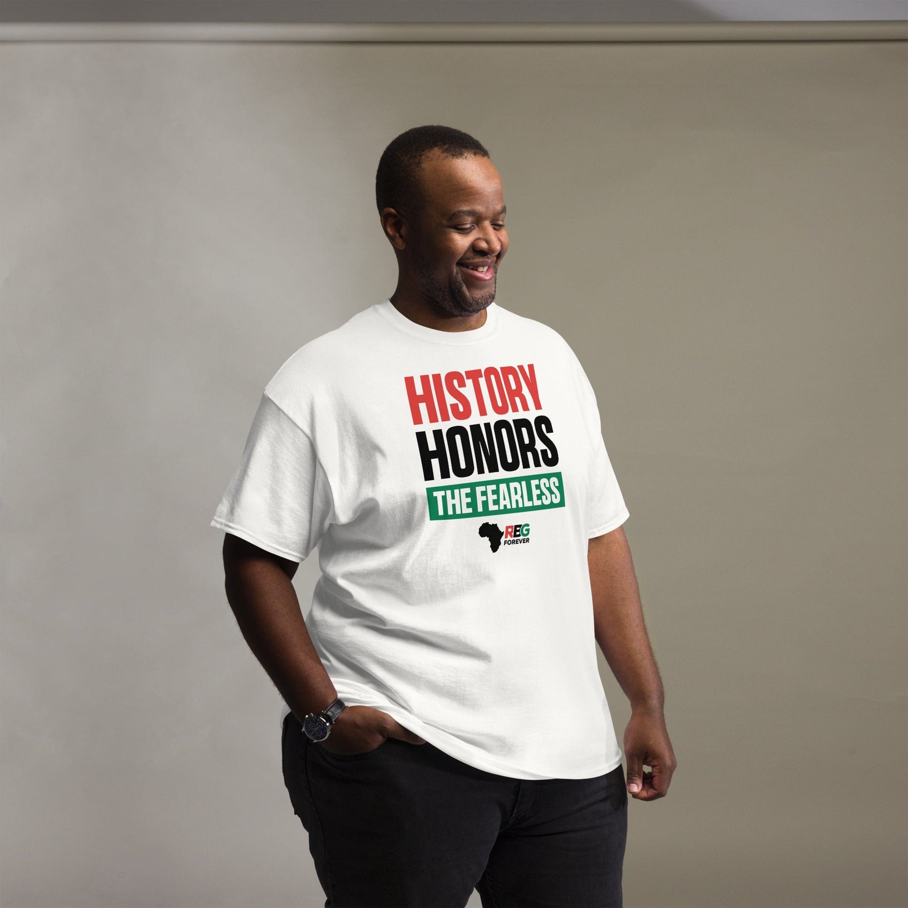 22 of 27: History Honors the Fearless Unisex Short Sleeve T-Shirt (White, Mock Up Image 6)