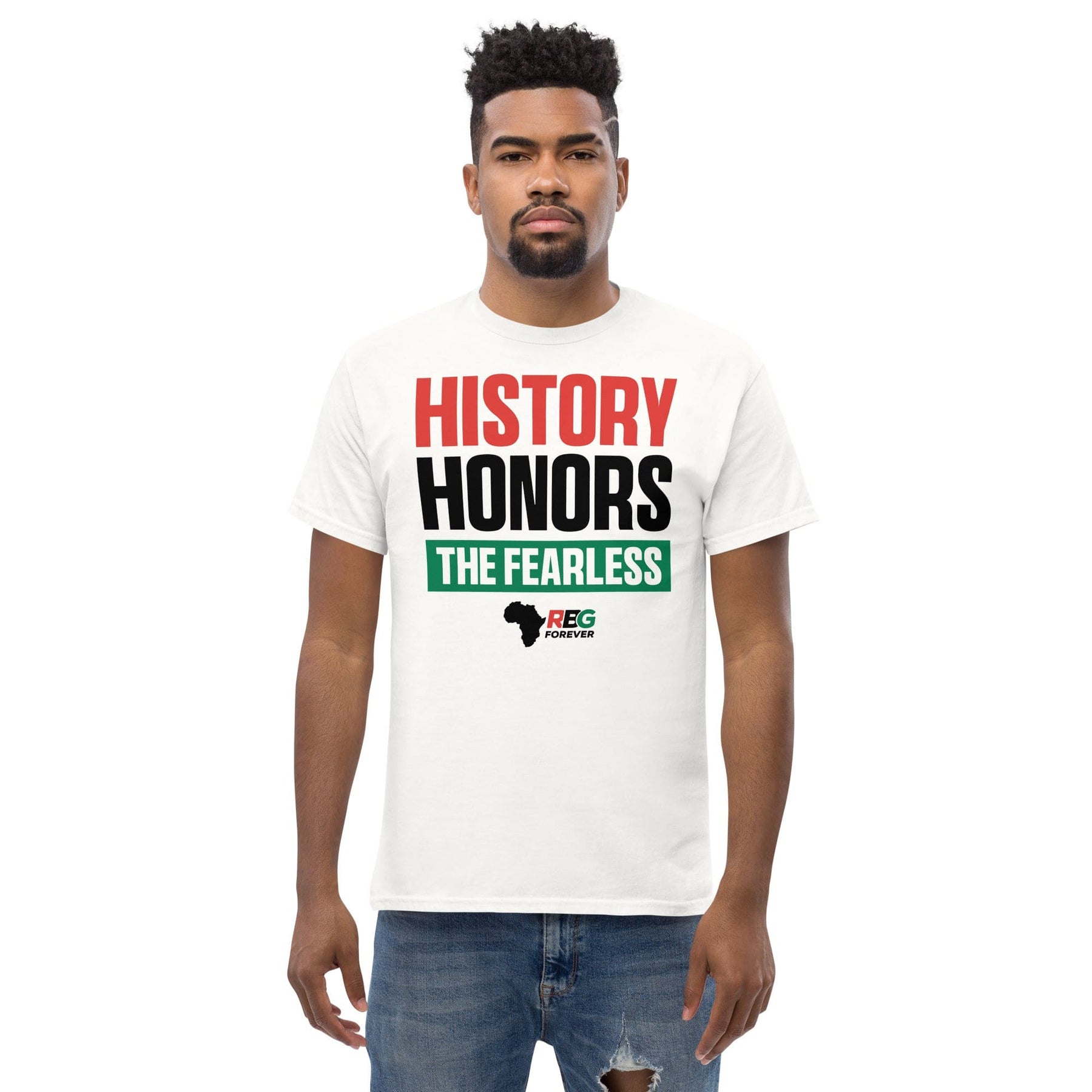 25 of 27: History Honors the Fearless Unisex Short Sleeve T-Shirt (White, Mock Up Image 9)
