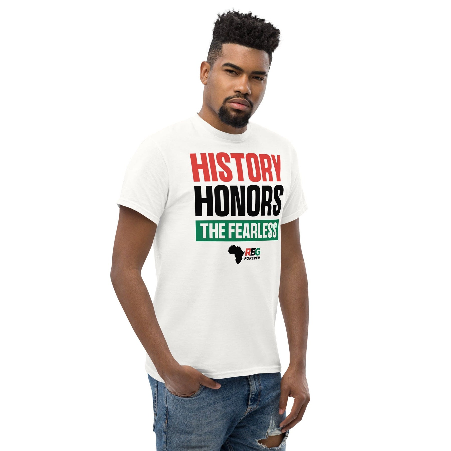 17 of 27: History Honors the Fearless Unisex Short Sleeve T-Shirt (White, Mock Up Image 1)