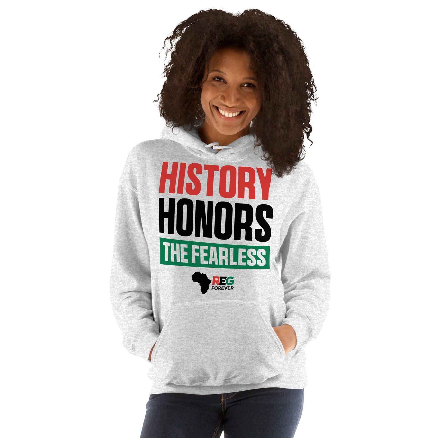 13 of 28: History Honors the Fearless Unisex Hooded Sweatshirt (Ash Mock Up 9)
