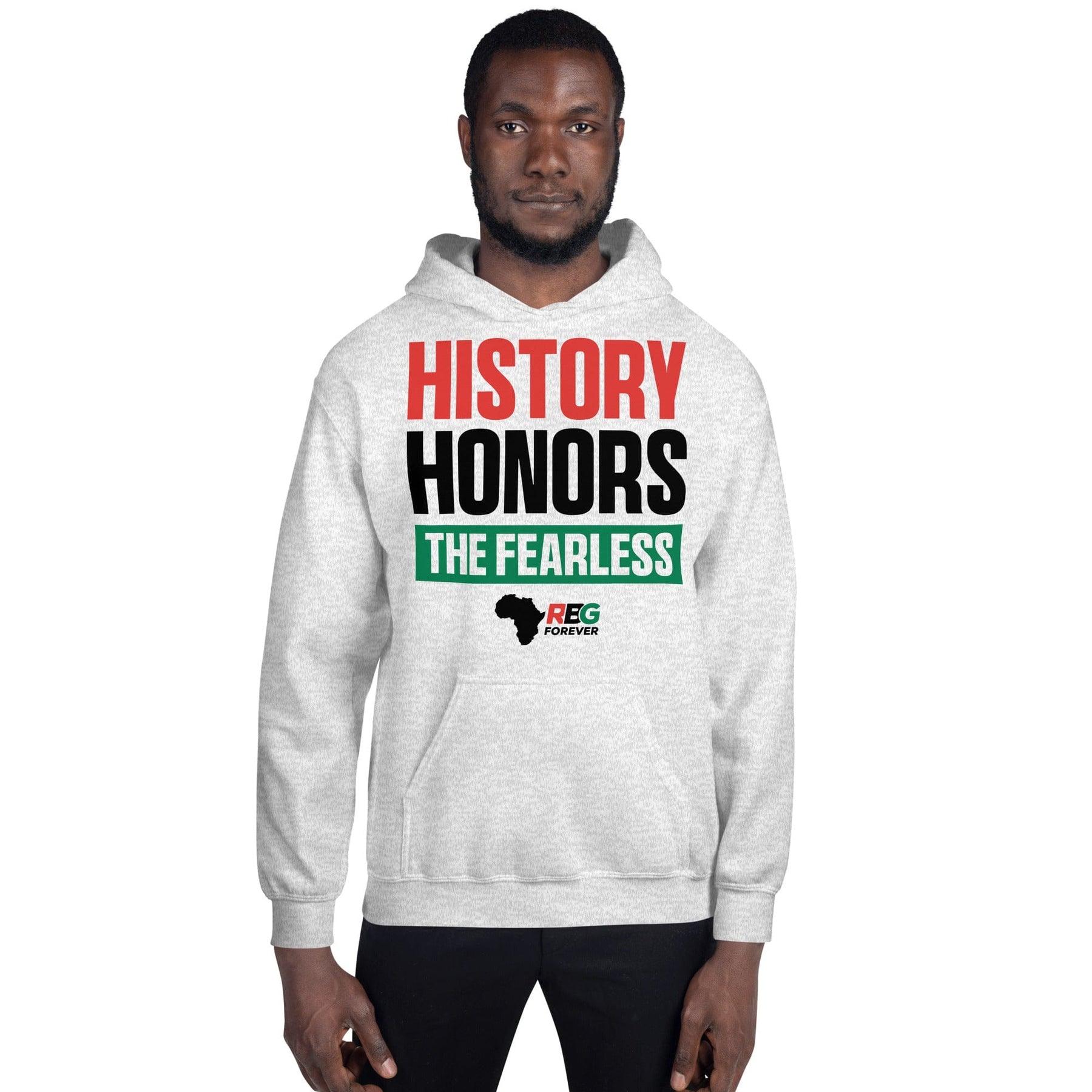 14 of 28: History Honors the Fearless Unisex Hooded Sweatshirt (Ash Mock Up 10)