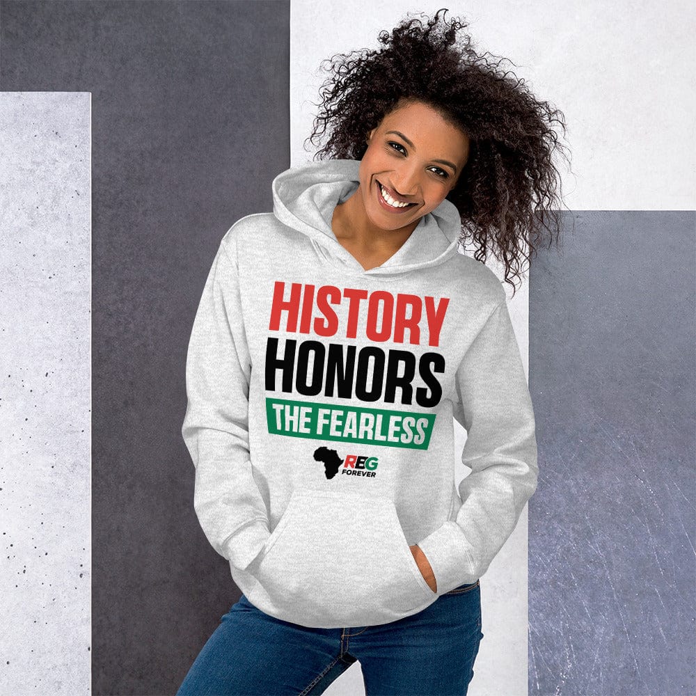 17 of 28: History Honors the Fearless Unisex Hooded Sweatshirt (Ash Mock Up 13)