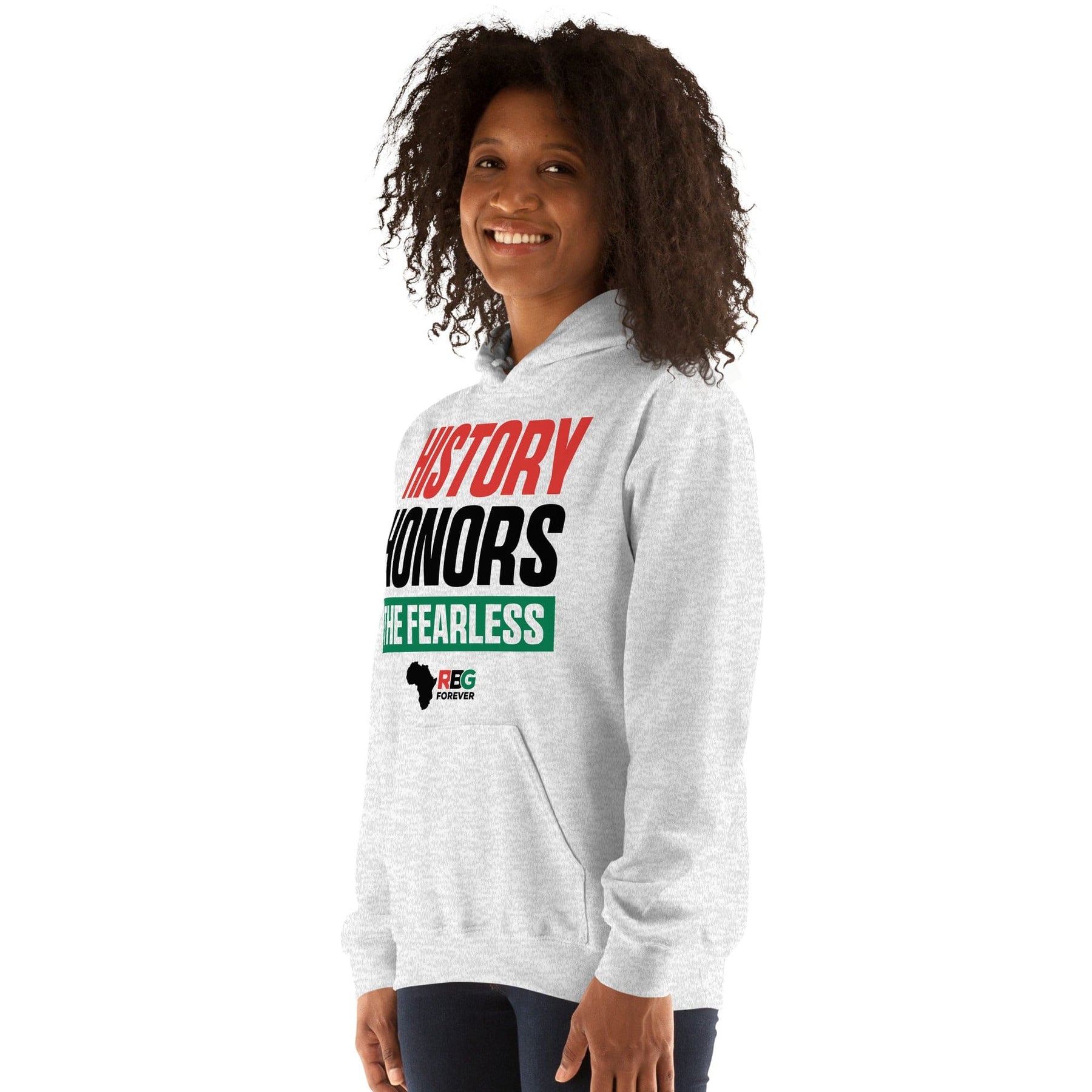 9 of 28: History Honors the Fearless Unisex Hooded Sweatshirt (Ash Mock Up 5)