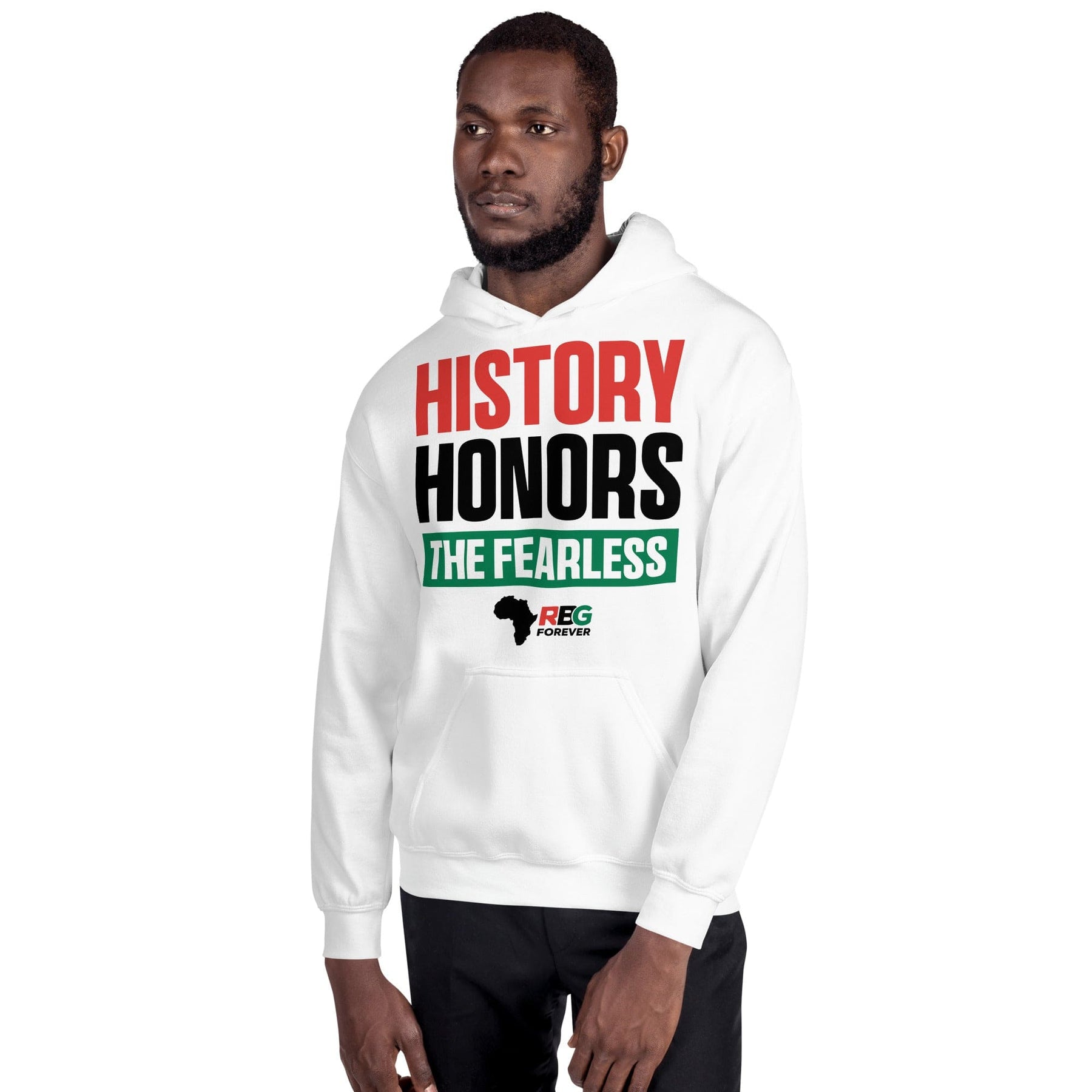 25 of 28: History Honors the Fearless Unisex Hooded Sweatshirt (White Mock Up 8)