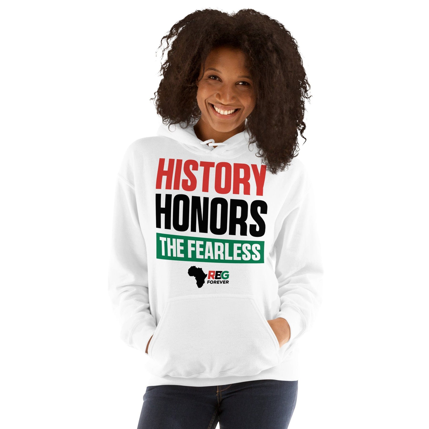 22 of 28: History Honors the Fearless Unisex Hooded Sweatshirt (White Mock Up 5)