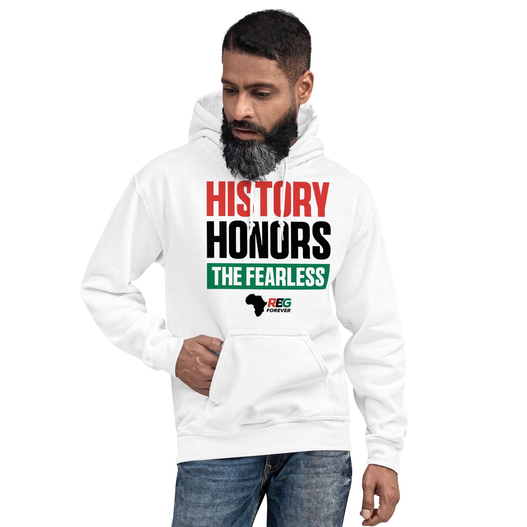 24 of 28: History Honors the Fearless Unisex Hooded Sweatshirt (White Mock Up 7)