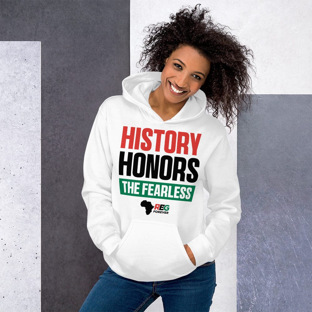 27 of 28: History Honors the Fearless Unisex Hooded Sweatshirt (White Mock Up 10)