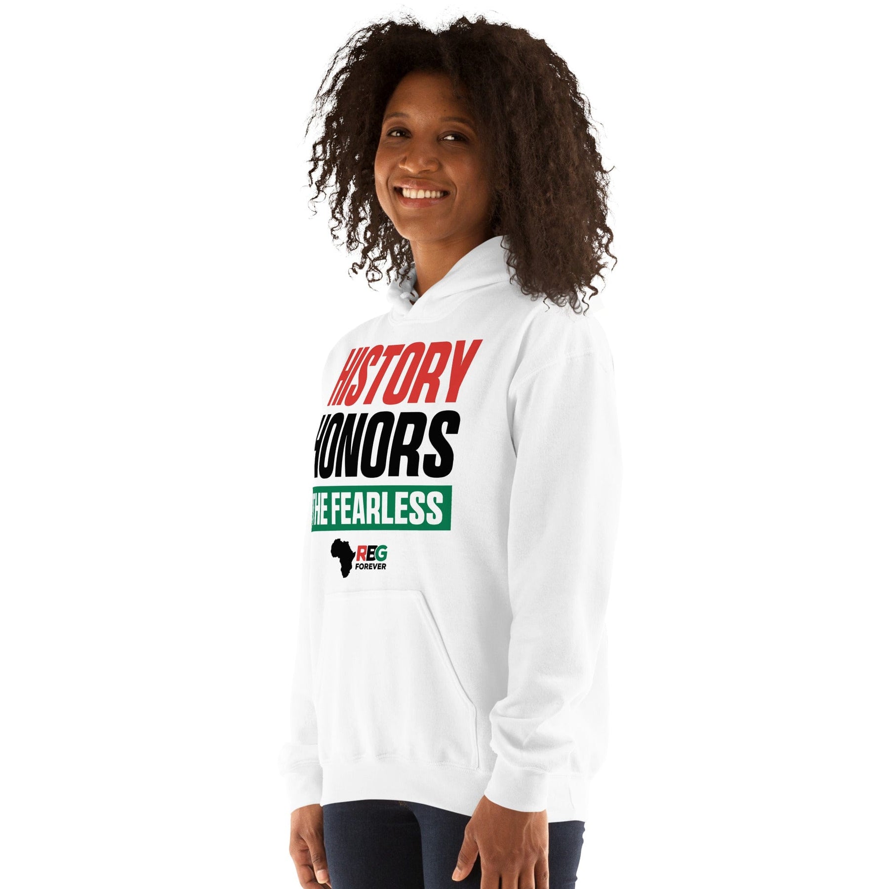 19 of 28: History Honors the Fearless Unisex Hooded Sweatshirt (White Mock Up 2)
