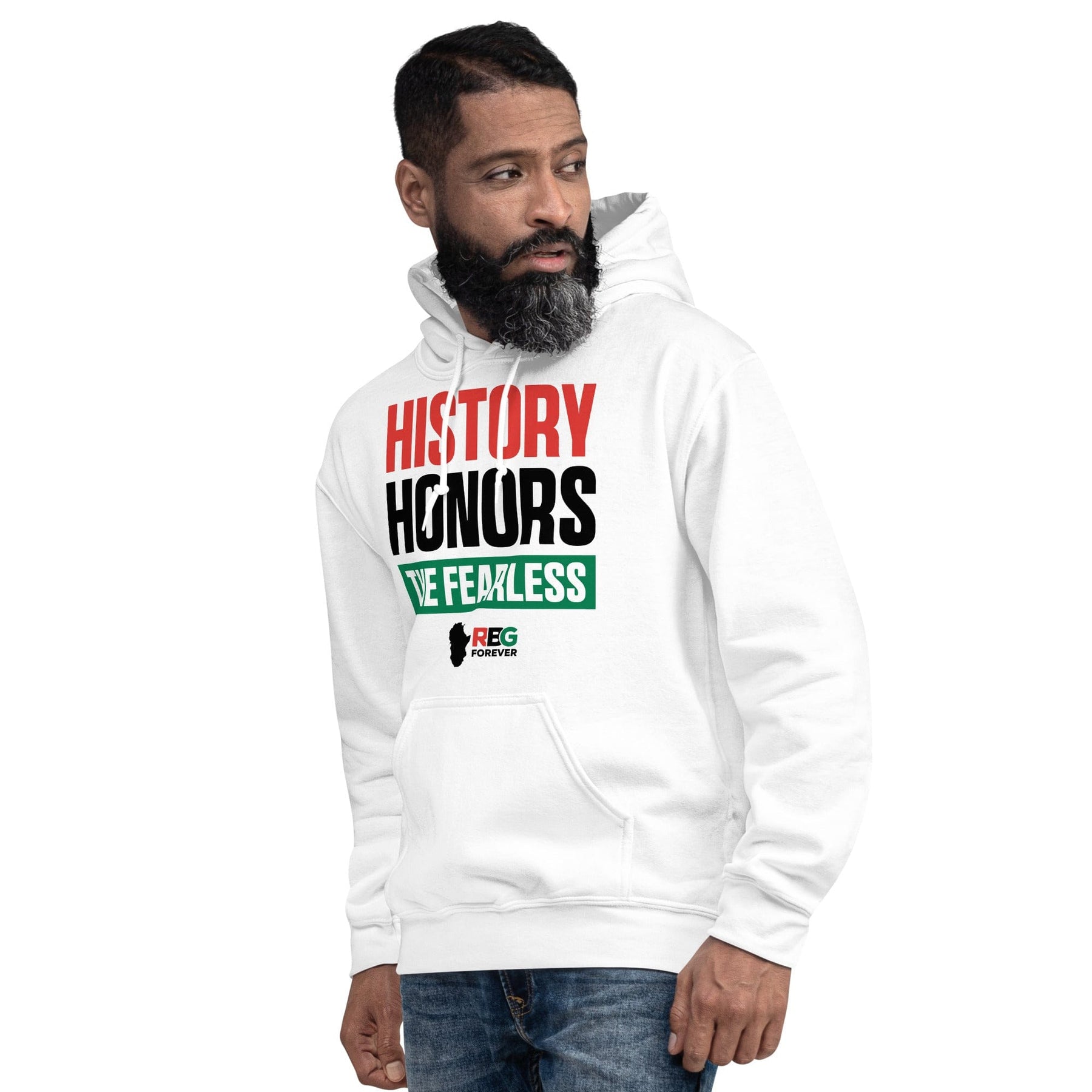 21 of 28: History Honors the Fearless Unisex Hooded Sweatshirt (White Mock Up 4)