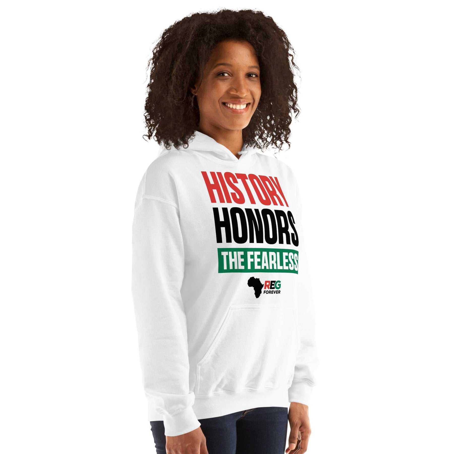 18 of 28: History Honors the Fearless Unisex Hooded Sweatshirt (White Mock Up 1)