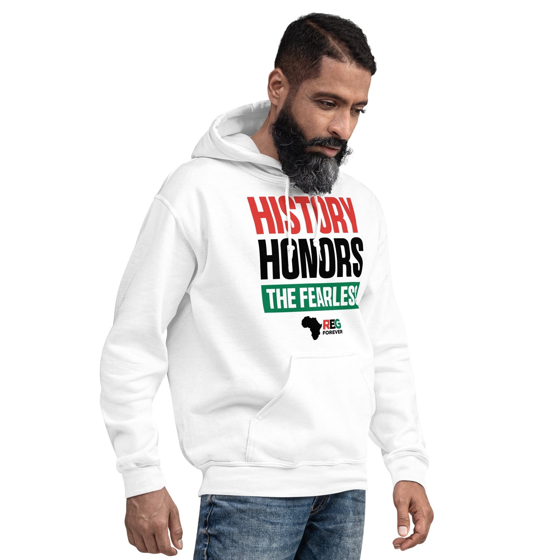 20 of 28: History Honors the Fearless Unisex Hooded Sweatshirt (White Mock Up 3)