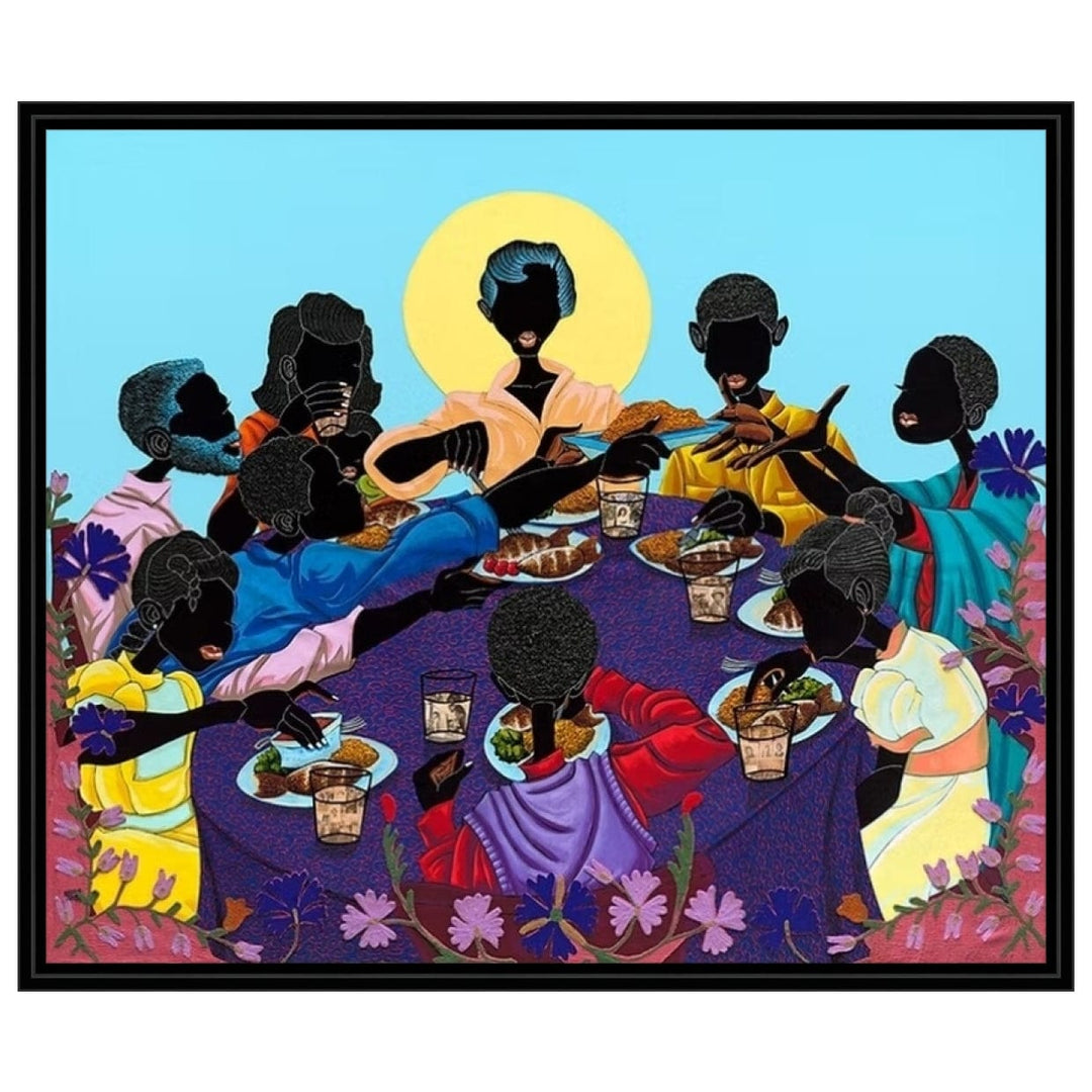When We Gather by Leroy Campbell:  family gathered at the table for dinner (Stretched Canvas with Black Floater Frame)