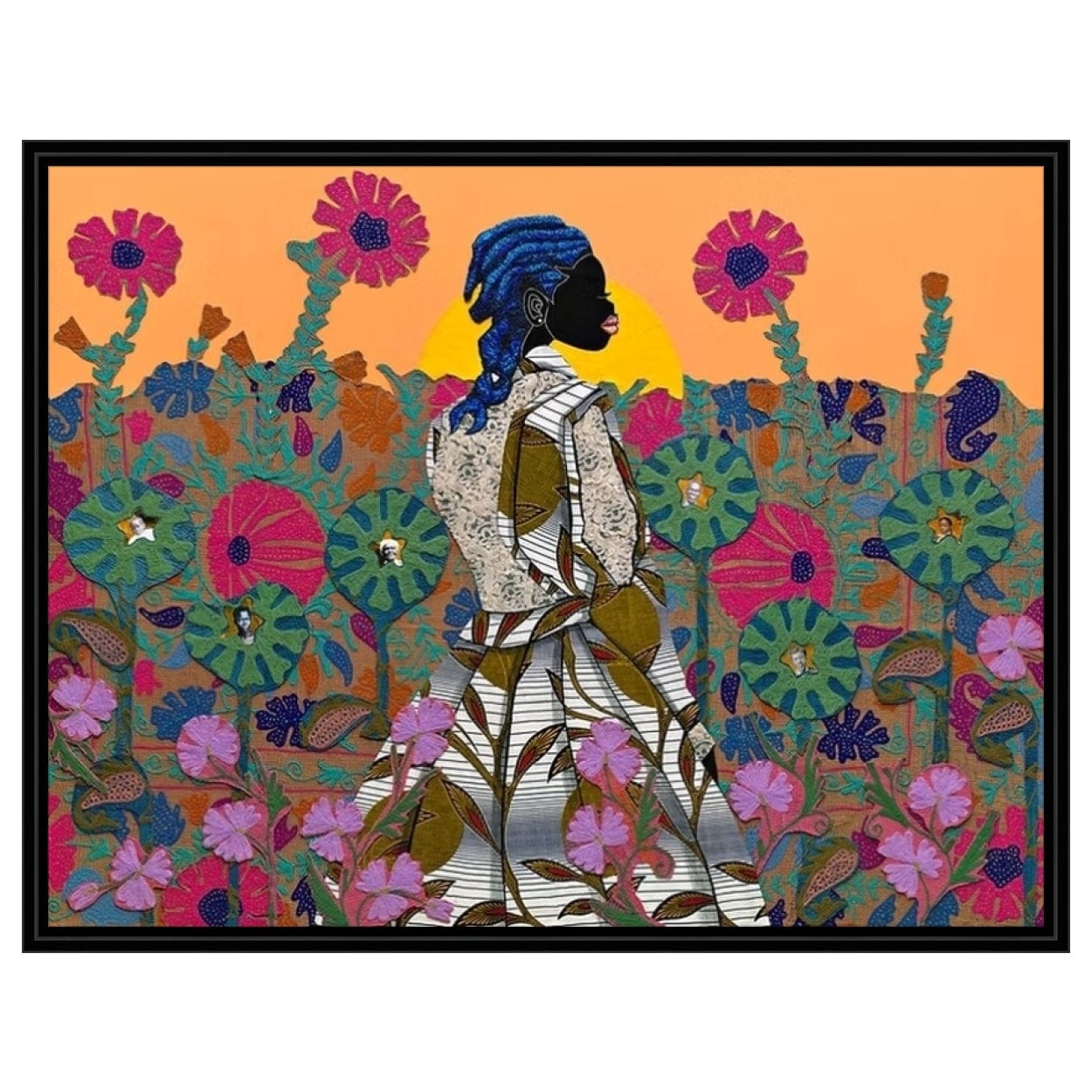 3 of 3: Where Rice Once Grew Leroy Campbell:  Black woman vibrant floral Gullah art (Stretched Canvas with Black Floater Frame)