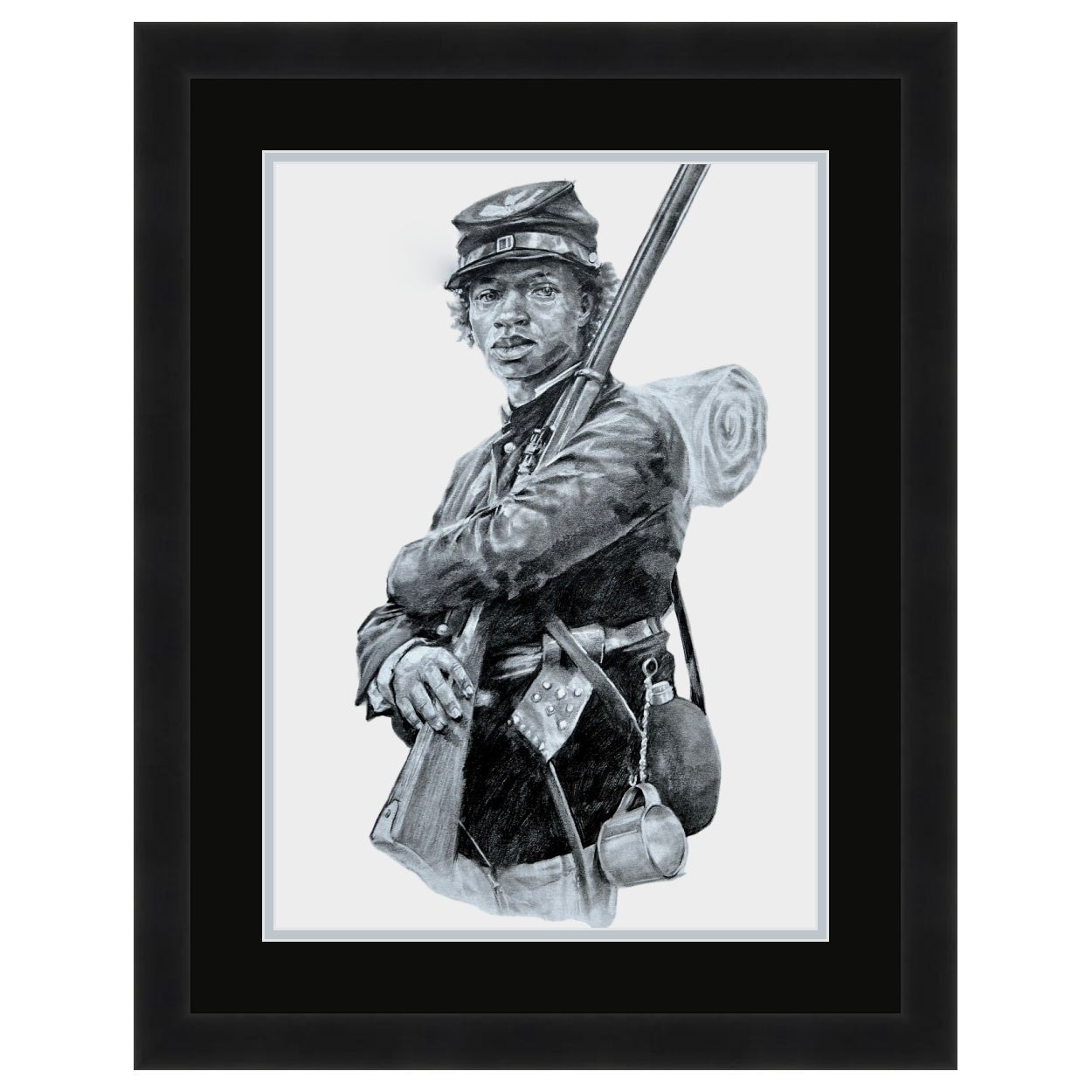 3 of 3: William Cathay by Robert Jackson (Double Matted w/ Black Frame) Framed artwork of a Civil War soldier holding a flag. Black Mat.