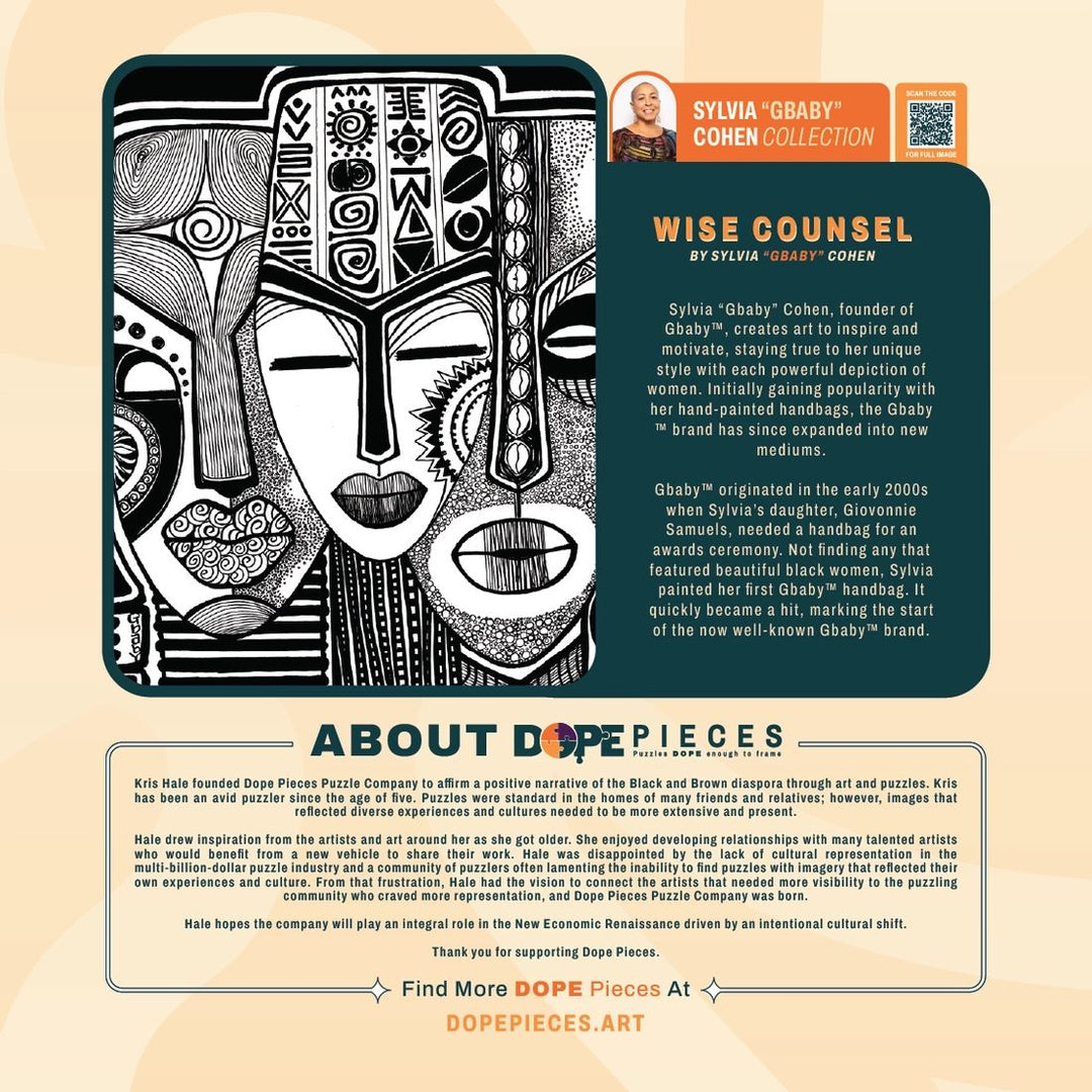 Wise Counsel by Sylvia "GBaby" Cohen: African American Jigsaw Puzzle (Box Back) - Card with black and white face design and text about Dope Pieces and Sylvia 'Gabby' Cohen.