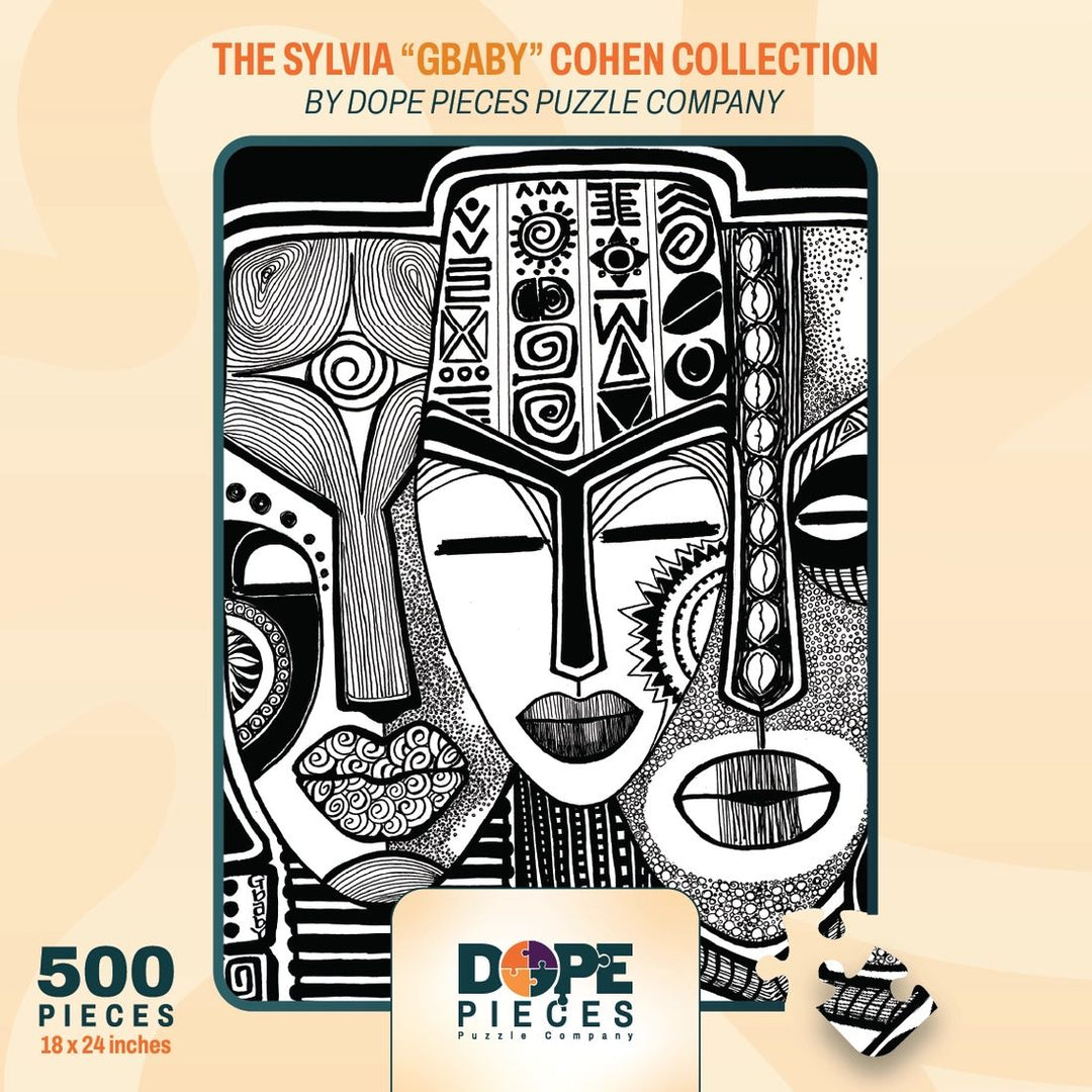 Wise Counsel by Sylvia "GBaby" Cohen: African American Jigsaw Puzzle (Front Box) - Puzzle box with black and white face design and 'Dope Pieces' branding on a beige background