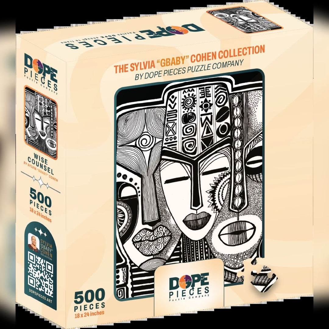 Wise Counsel by Sylvia "GBaby" Cohen: African American Jigsaw Puzzle (Full Box) - Dope Pieces puzzle box with a stylized face design on a beige background