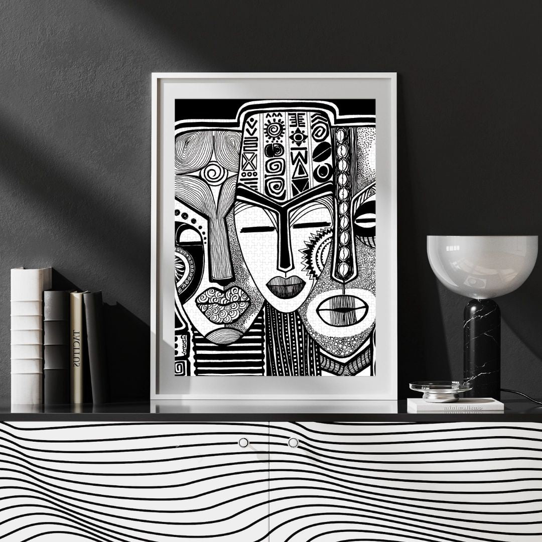 Wise Counsel by Sylvia "GBaby" Cohen: African American Jigsaw Puzzle (Framed Puzzle) - Framed black and white abstract art piece on a dark wall with decorative items.