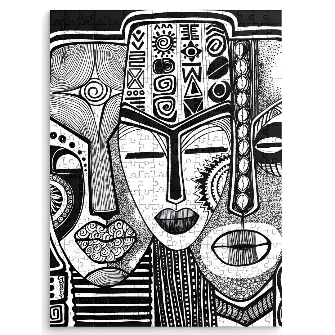 Wise Counsel by Sylvia "GBaby" Cohen: African American Jigsaw Puzzle (Main) - Jigsaw puzzle with black and white abstract face design on a white background