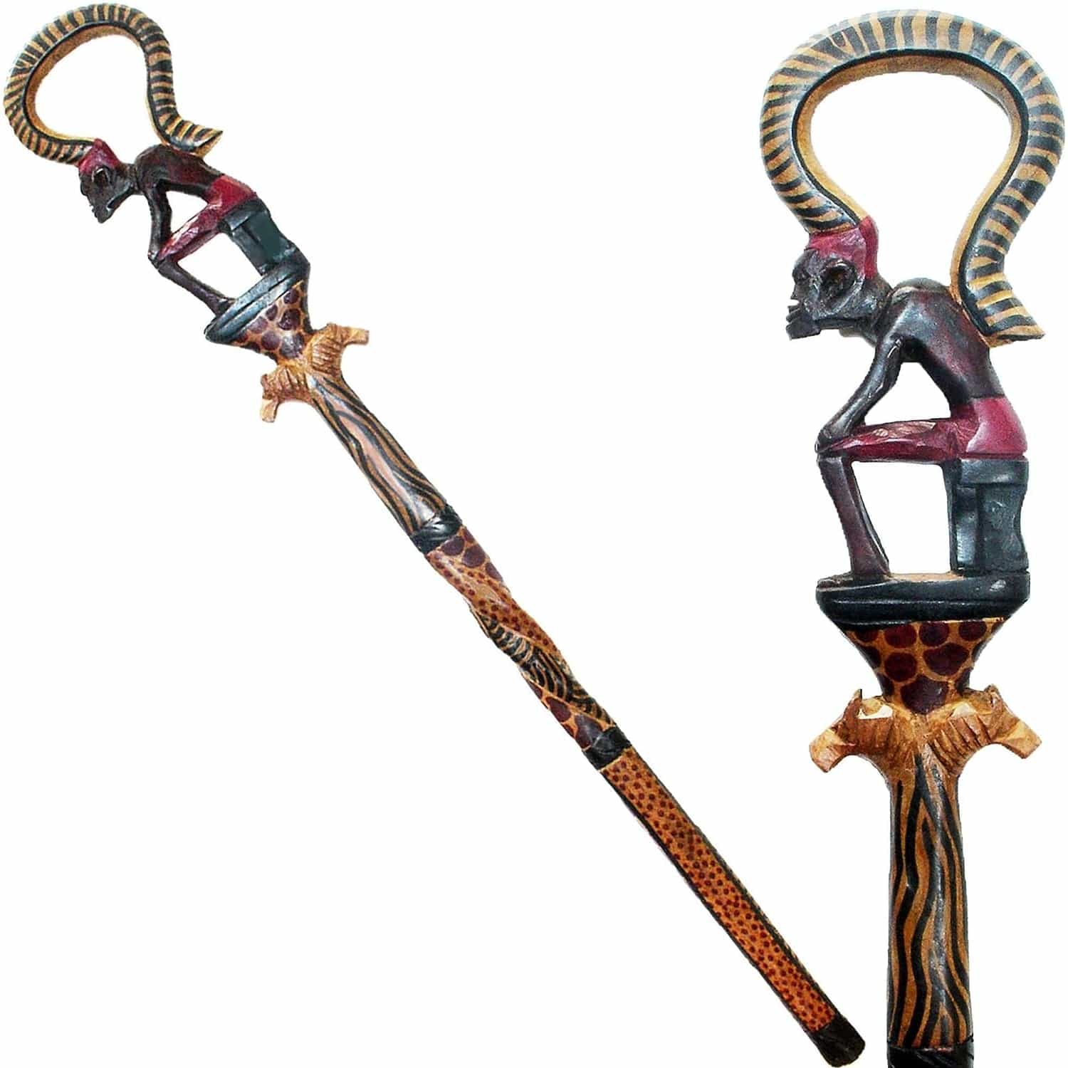 1 of 3: Authentic Hand Crafted African Wiseman and Lion Head Decorative Wood Walking Stick