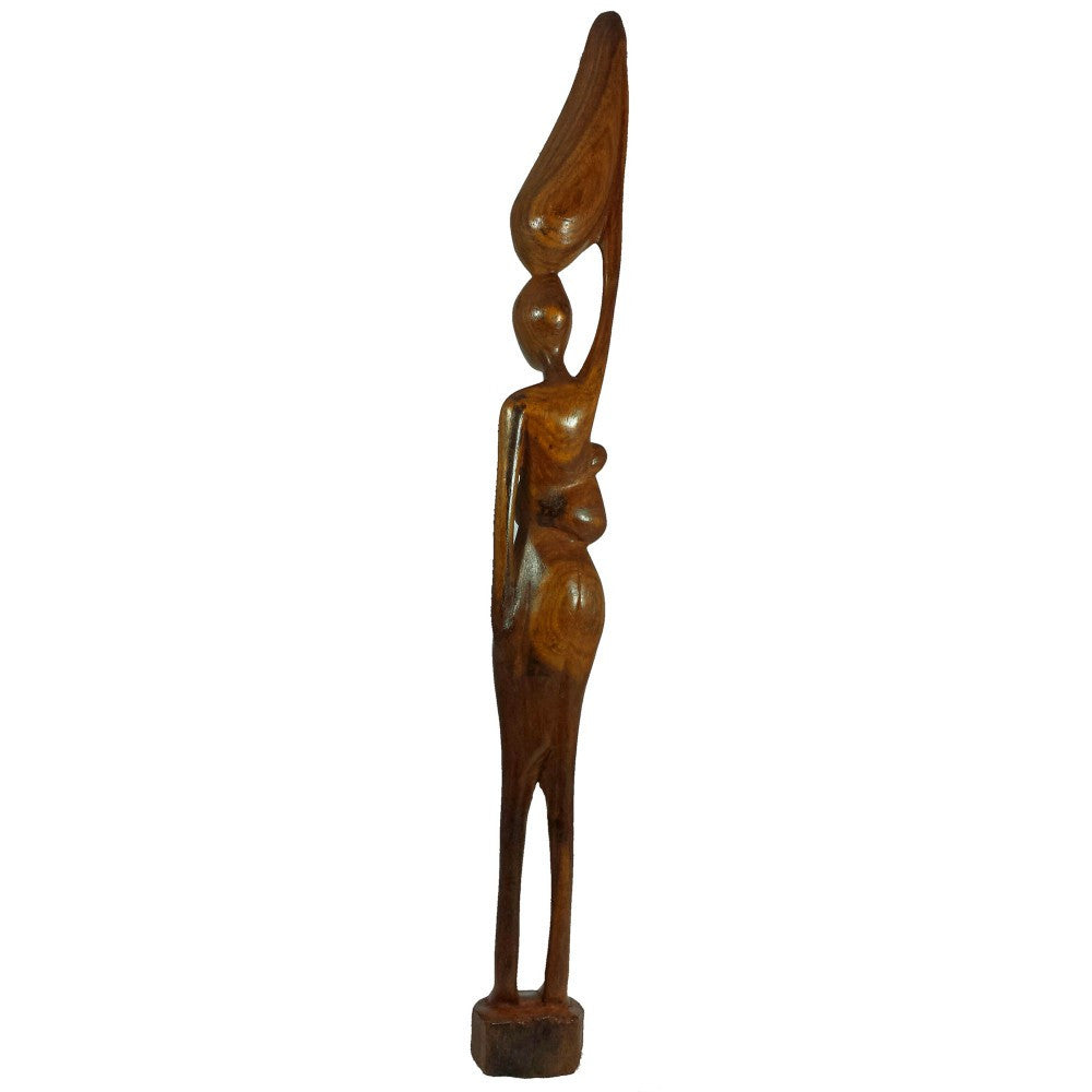 African Waterbearer with Child Sculpture: Hand Made Sierra Leonean Wood Carving (Rear)