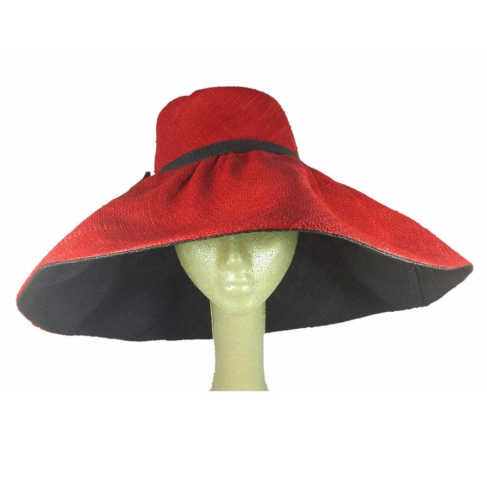 Miora: Red and Black Hand Woven Madagascar Raffia Hat (7 inch brim)