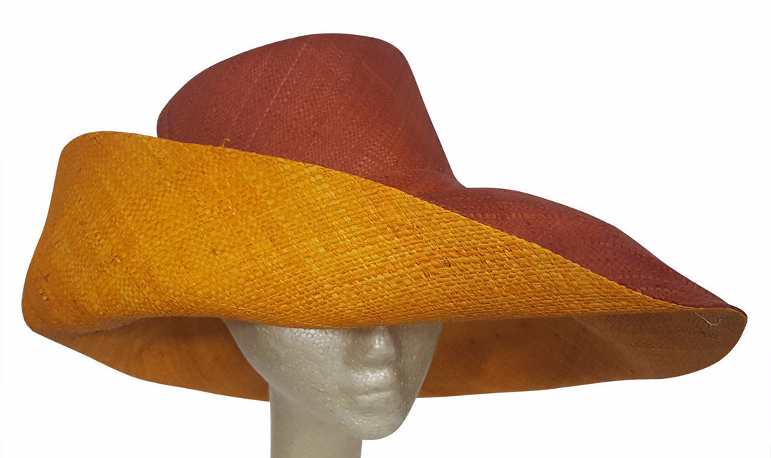 Abayomi: Hand Made Burnt Orange and Orange Madagascar Big Brim Raffia Sun Hat