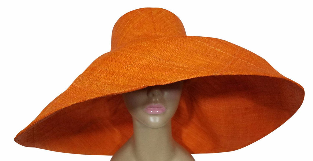 Walidah: Authentic African Hand Made Orange Madagascar Big Brim Raffia Sun HatA