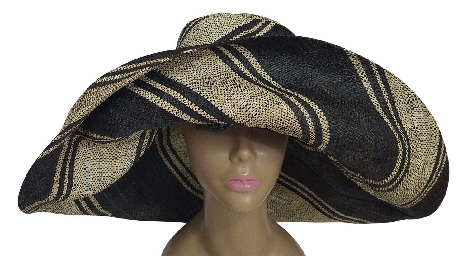 3 of 3: Efua: Authentic African Hand Made Black and Natural Madagascar Big Brim Raffia Sun Hat