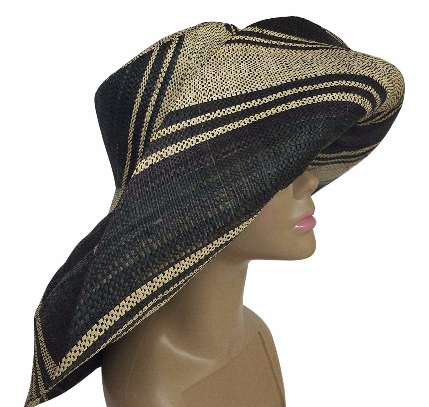 1 of 3: Efua: Authentic African Hand Made Black and Natural Madagascar Big Brim Raffia Sun Hat